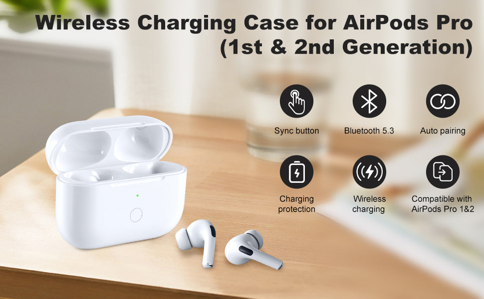 Wireless Charging Case Replacement Compatible with AirPods Pro 1st & 2nd Generation, AirPods Pro 1st & 2nd Charger with Bluetooth Pairing Sync Button,No Earbuds